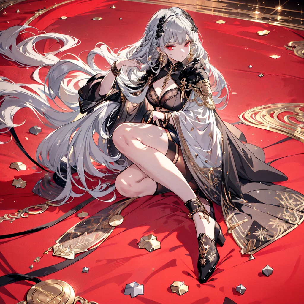 8k,High resolution RAW color art, Anime Art,Silver Marble Skin, (((Highly detailed elegant))), Detailed skin, texture,(Exquisitely crafted, The finer details, Ultra-detailed art), (((1 girl))), Depth of written boundary, Silky Touch, Hyper Detail, (((Cool face))), eye shadow、Armed women, Beautiful detailed red eyes, Beautiful lip detail, Highly detailed face, Delicate depiction of hair and eyes, Detailed Fashion, Golden Earrings,Full body depiction, Black half-top bra、Black shorts、Waist Cloak、black tights、Golden decoration, Gray Hair, Golden bracelet, Straight Hair、(((Hair)))、moonlight、Calm background、(((Black theme)))、Snowflake background、Side view、Kneeling