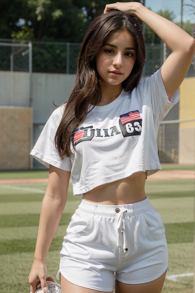 A woman from America Riana Grande, playing ball on the field. Wearing a white t-shirt and shorts