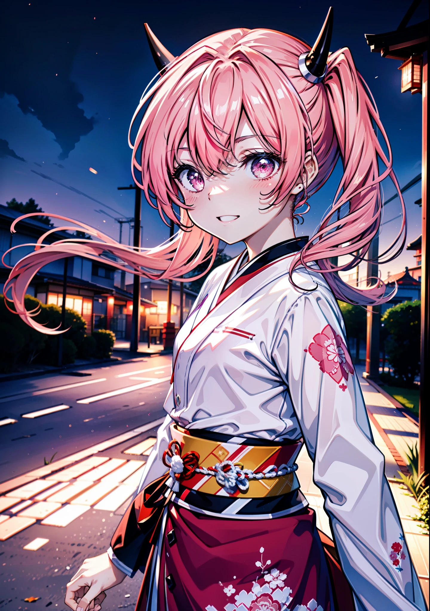 Aria h kanzaki,horn,Pink Hair,Long Hair,low 　Twin tails,小さいhorn,Red eyes,happy smile, smile, Open your mouth,pink kimono,日本のfestival,夏festivalの屋台,Red Lantern,night,night空のfirework,firework,場所はfirework大会,時間はnightです,sunny day,　　　　　　　　　　　　　　　  　　　　　break looking at viewer, Upper Body, (Cowboy Shot:1. 5),  　　　　　
break outdoors, festival,shrine,
break (masterpiece:1.2), Highest quality, High resolution, unity 8k wallpaper, (shape:0.8), (Beautiful attention to detail:1.6), Highly detailed face, Perfect lighting, Highly detailed CG, (Perfect hands, Perfect Anatomy),