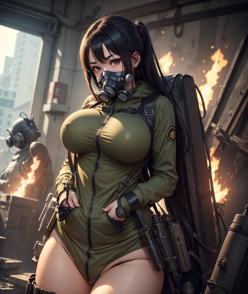Anime girl wearing a gas mask, desire to do something sexual, big breasts and exposed genitals