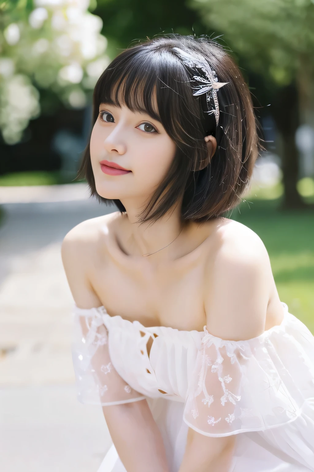 Haruhi Suzumiya, 1girl,love live!,love live! sunshine!!,hazuki ren,tareme,yellow eyes,black hair,ponytail,white ribbon,medium breasts, realistic, beautifully painted, feet out of frame, looking at viewers, focus on the girl, holding, grace, slender waist, woman, 20 years old, black short hair, bob haircut, Air bangs, eyes visible through hair, hair over shoulder, detailed black hair, floating hair, delicate and delicate face, seductive smile, complex details beautiful and delicate eyes, pink ear, Slightly open mouth, bare shoulders, delicate hands, cleavage cutout, Bare navel, perfect and delicate limbs, light brown eyes, Smooth skin, Beautiful accessories, beautiful hair ornaments, piercing, feathers on dress, white clock, sleeveless dress, off-shoulder jacket, white skirt, white footwear, overexplosure, strapless, Bare thigh, plaid print cloth, white Clothes, outdoors, blue background, Ink dyeing, sparkle, Flying petals, wallpaper 8k CG, extremely detailed, original,