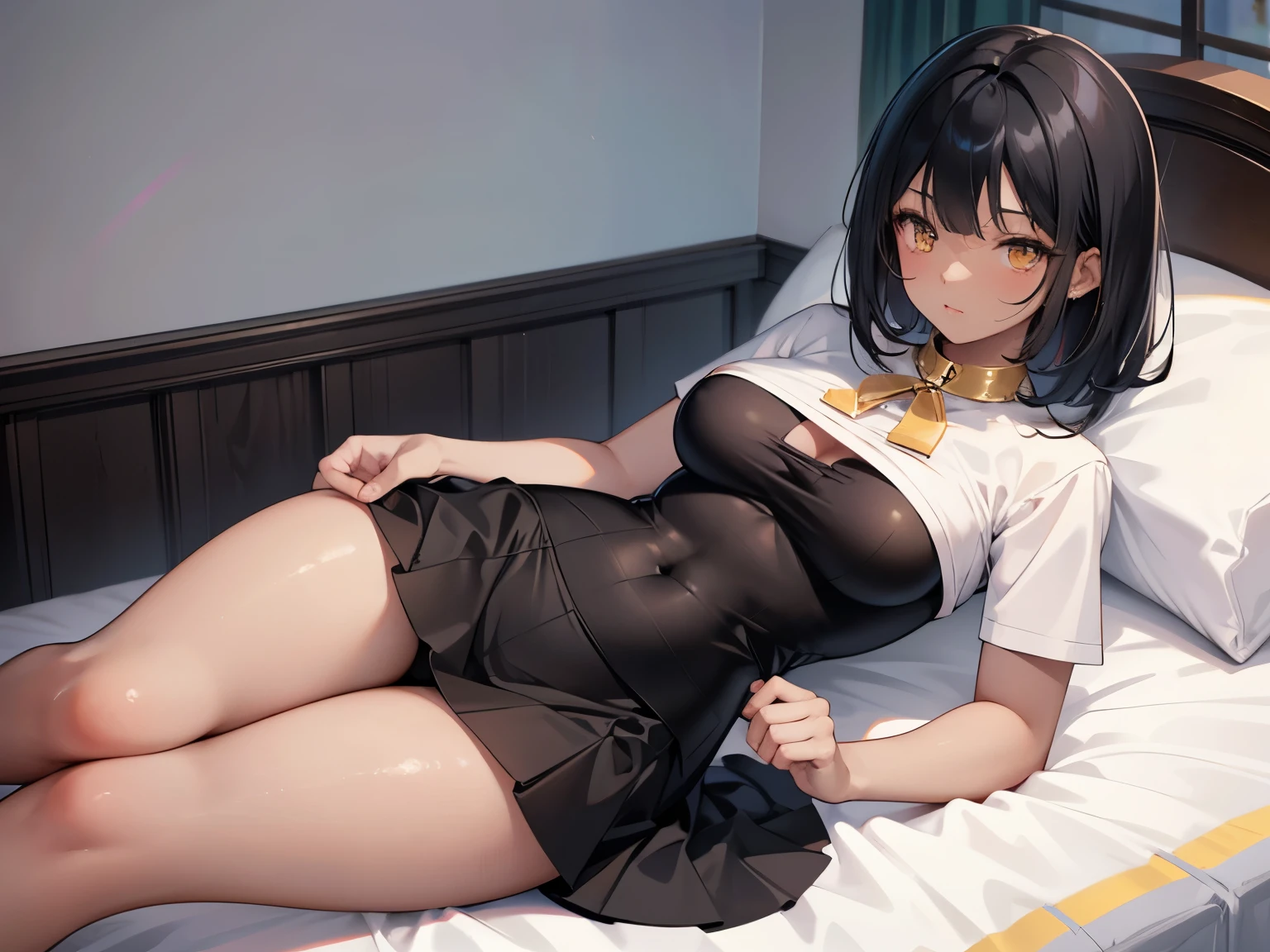 Digital Art, Digital Illustration, Ultra-detailed, beautiful image, Sharp Image, dark skinned girl in a short skirt and a black t-shirtr,  shirl tucked into skirt, nylon tights, trending at cgstation, anime barbie doll,  trending on cgstation, anime vtuber full body model, ((black hair color)), (((golden eyes))), (16 years old), (round breasts), on bed