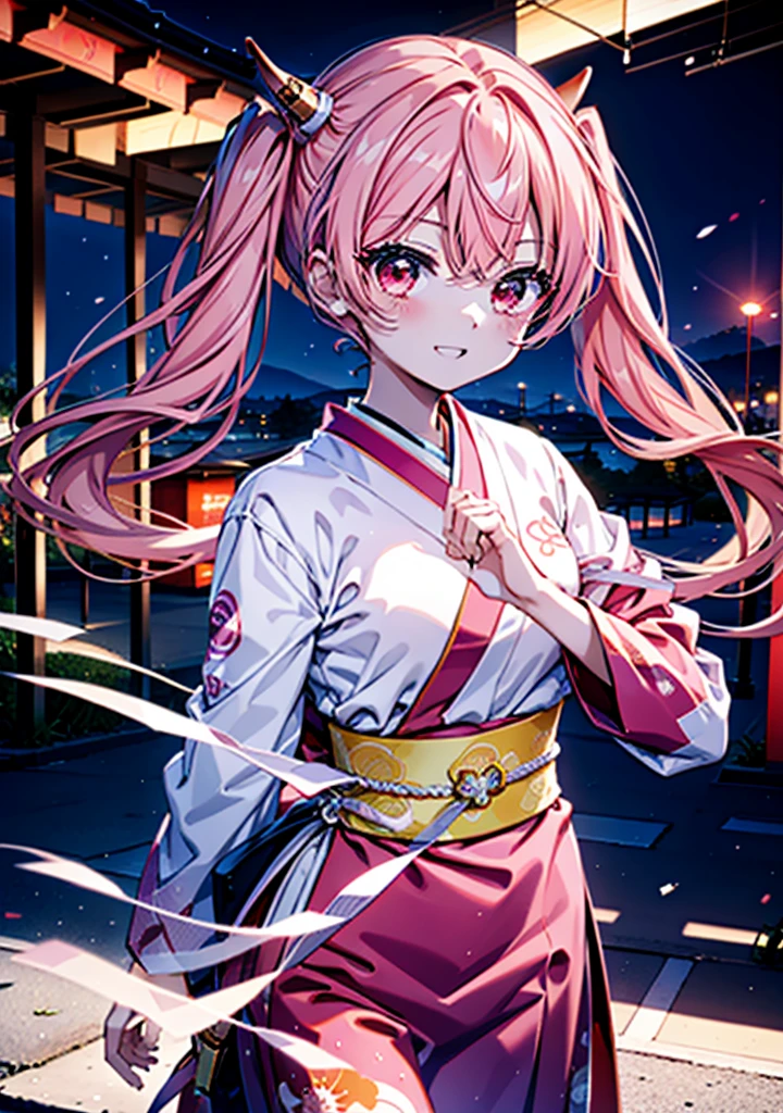 Aria h kanzaki,horn,Pink Hair,Long Hair,low 　Twin tails,小さいhorn,Red eyes,happy smile, smile, Open your mouth,pink kimono,日本のfestival,夏festivalの屋台,Red Lantern,night,night空のfirework,firework,場所はfirework大会,時間はnightです,sunny day,　　　　　　　　　　　　　　　  　　　　　break looking at viewer, Upper Body, (Cowboy Shot:1. 5),  　　　　　
break outdoors, festival,shrine,
break (masterpiece:1.2), Highest quality, High resolution, unity 8k wallpaper, (shape:0.8), (Beautiful attention to detail:1.6), Highly detailed face, Perfect lighting, Highly detailed CG, (Perfect hands, Perfect Anatomy),