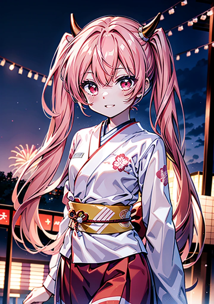 Aria h kanzaki,horn,Pink Hair,Long Hair,low 　Twin tails,小さいhorn,Red eyes,happy smile, smile, Open your mouth,pink kimono,日本のfestival,夏festivalの屋台,Red Lantern,night,night空のfirework,firework,場所はfirework大会,時間はnightです,sunny day,　　　　　　　　　　　　　　　  　　　　　break looking at viewer, Upper Body, (Cowboy Shot:1. 5),  　　　　　
break outdoors, festival,shrine,
break (masterpiece:1.2), Highest quality, High resolution, unity 8k wallpaper, (shape:0.8), (Beautiful attention to detail:1.6), Highly detailed face, Perfect lighting, Highly detailed CG, (Perfect hands, Perfect Anatomy),