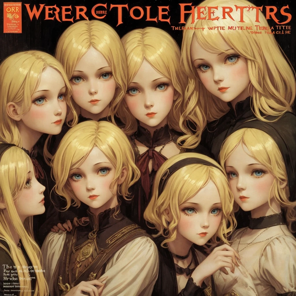 cover mistery magazine weird tale full lenght girl, cute face full lenght , 3 girl pose for cover horror magazine weird tale , magazine age 1933, high quality, Blonde beauty