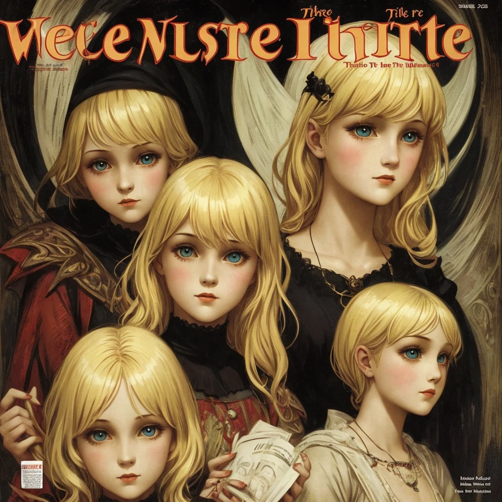 cover mistery magazine weird tale full lenght girl, cute face full lenght , 3 girl pose for cover horror magazine weird tale , magazine age 1933, high quality, Blonde beauty