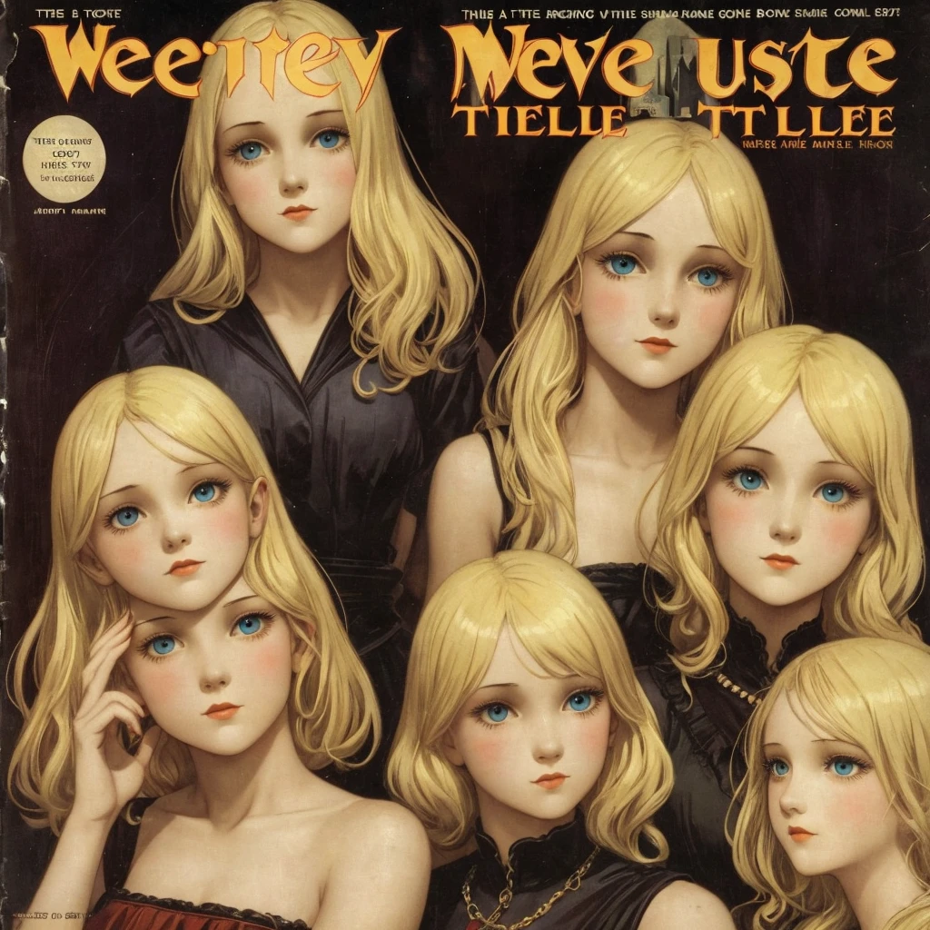 cover mistery magazine weird tale full lenght girl, cute face full lenght , 3 girl pose for cover horror magazine weird tale , magazine age 1933, high quality, Blonde beauty