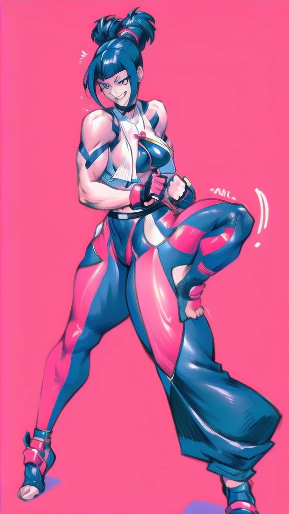 Full body image of Juri Han from Street Fighter 6, From head to toe, wearing her outfit from street fighter 6, female body, athletic body, dynamic pose, detailed pose, simple background, expressive face showing a mischievous grin, focus on face, line art, sketch.
