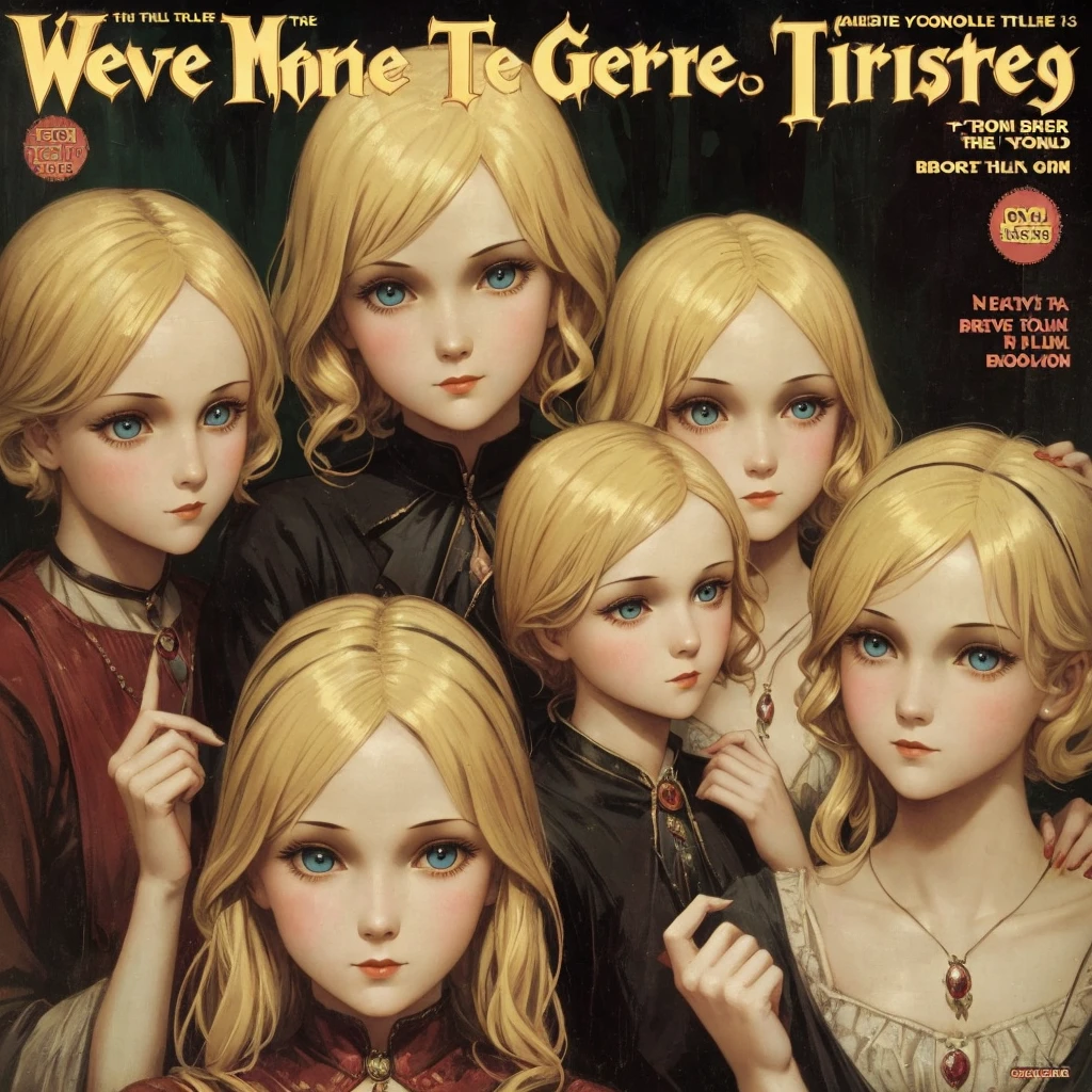 cover mistery magazine weird tale full lenght girl, cute face full lenght , 3 girl pose for cover horror magazine weird tale , magazine age 1933, high quality, Blonde beauty