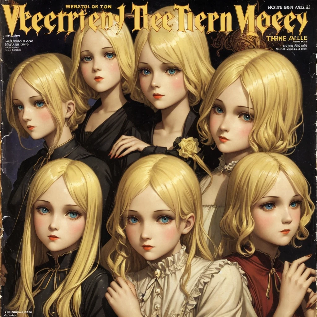 cover mistery magazine weird tale full lenght girl, cute face full lenght , 3 girl pose for cover horror magazine weird tale , magazine age 1933, high quality, Blonde beauty