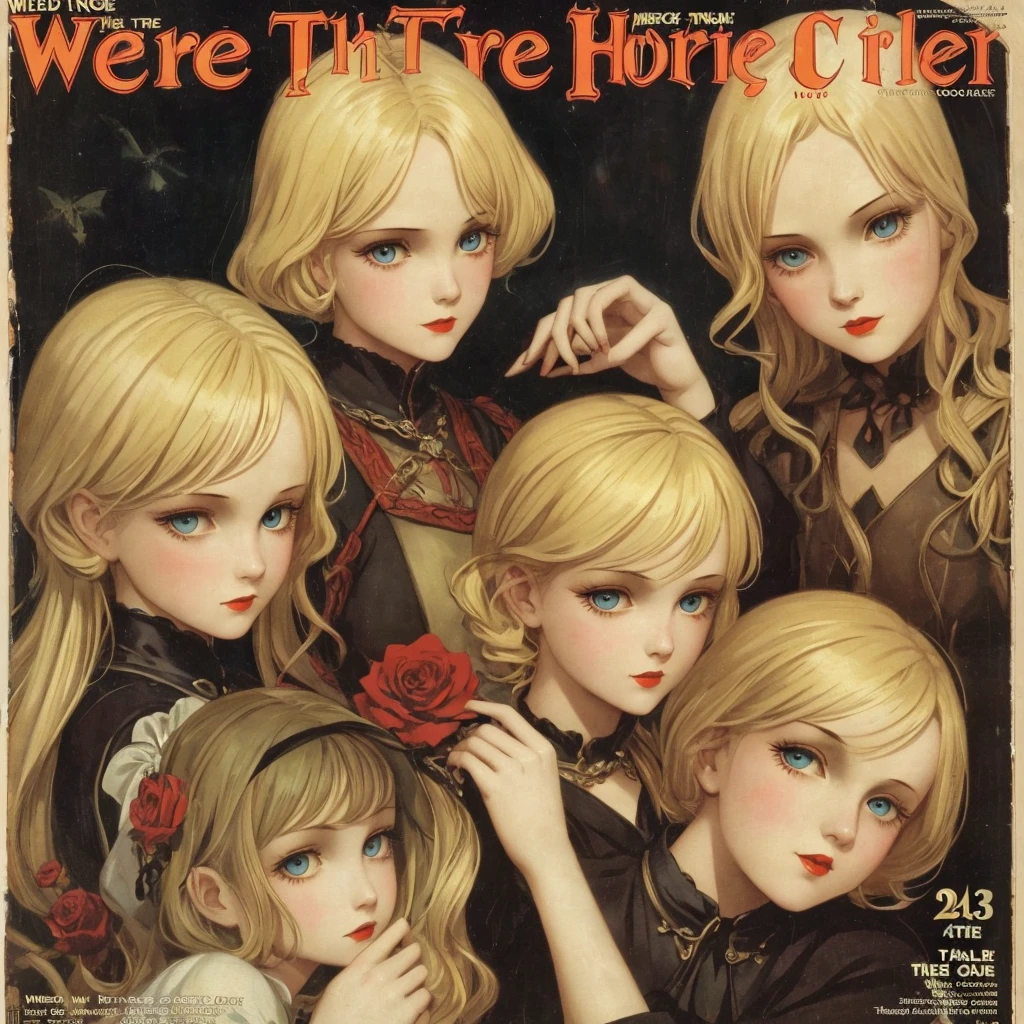 cover mistery magazine weird tale full lenght girl, cute face full lenght , 3 girl pose for cover horror magazine weird tale , magazine age 1933, high quality, Blonde beauty