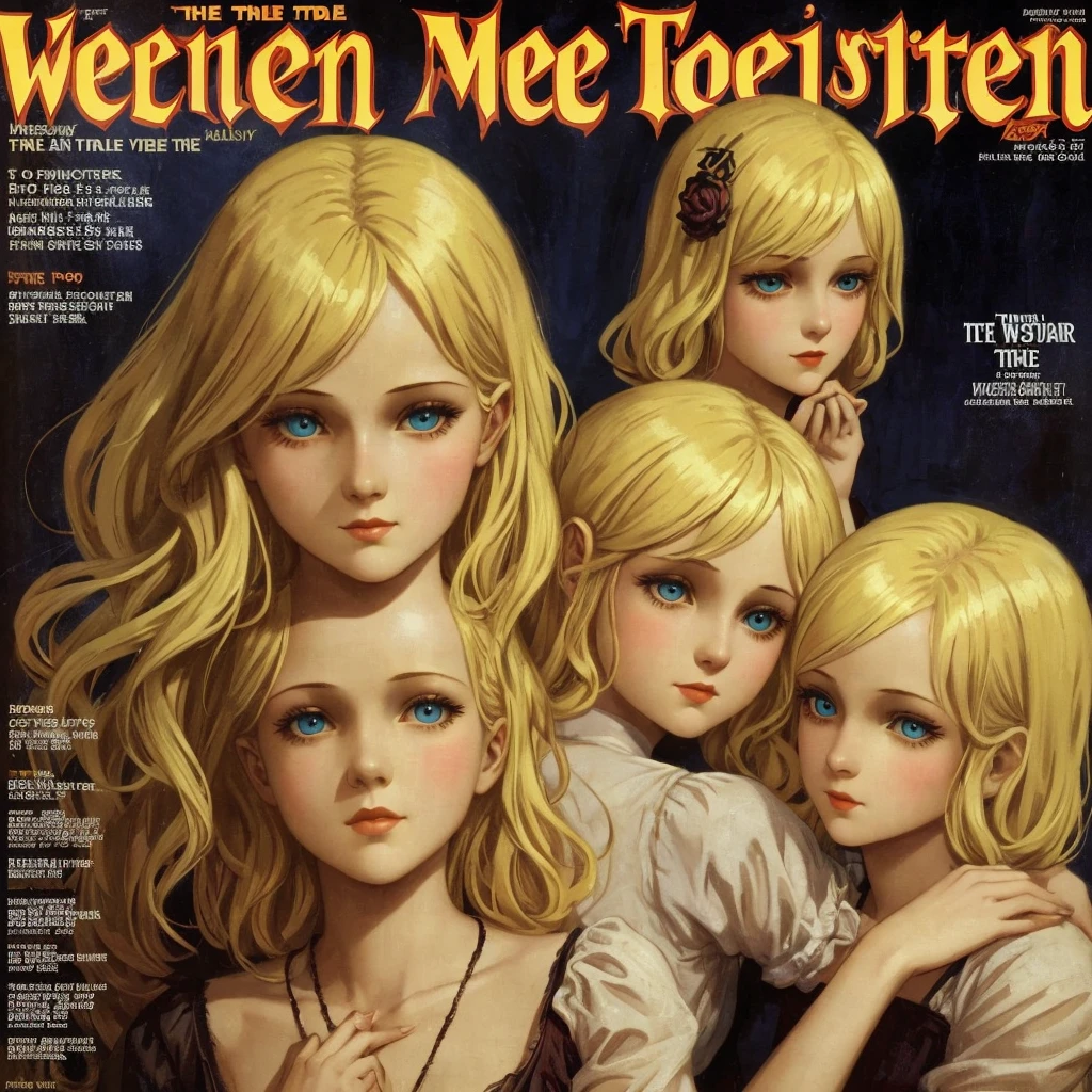 cover mistery magazine weird tale full lenght girl, cute face full lenght , 3 girl pose for cover horror magazine weird tale , magazine age 1933, high quality, Blonde beauty