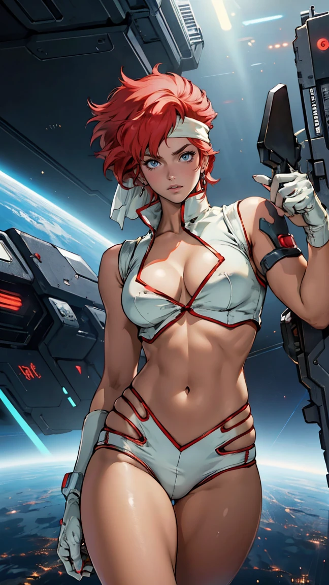 ((Masterpiece, highest quality; 1.3)), super quality, beautiful detail, super detailed, extra fine, 16K, exquisite, absurd, high resolution, beautiful background, detailed background, beautiful eyes, beautiful skin, anime style, Kay from Dirty Pair in a white outfit, tight outfit, cleavage, bushy redhead beauty, very light blue uniform, wearing tight clothes, skimpy, (mid chest: 1.2), cleavage, cleavage, slim waist , thin waist, slim thighs, thin legs, slim legs. thigh gap, showing stomach, skinny, thin hips, cyberpunk city background, retro space gun holding, headband, 