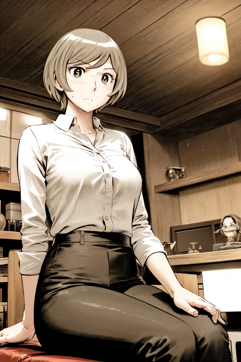 、(masterpiece、Highest quality)、Highest quality, Ultra-high resolution, (((masterpiece))), alone, Sweat、Big eyes,office、tight white dress shirt、Tight black suit、Tight black pants、indoor、Composition from the front、（後ろCut your hair short、short hair、blonde、woman）、Shortcuts、Embarrassed face、Cut your hair short、可愛いwomanの子、Big Breasts、Sit on a chair、Face to face、Composition from the front、View your audience