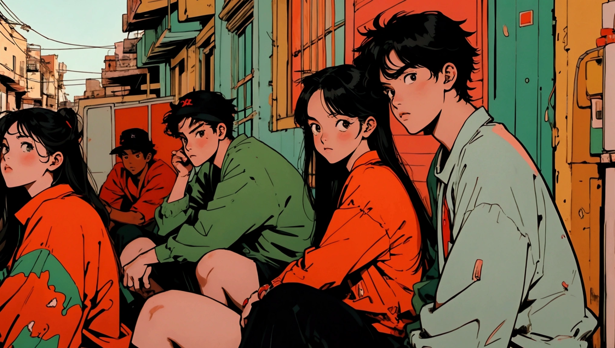 2D illustration, anime, Manga style ,Musicians playing in Havana, Cuba々,street. Juana , orange, red, Bonfire, 4K, Illuminated, streetarry Night,