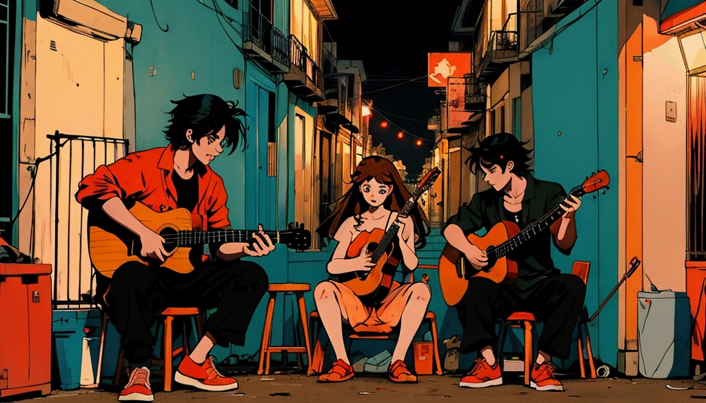 2D illustration, anime, Manga style ,Musicians playing in Havana, Cuba々,street. Juana , orange, red, Bonfire, 4K, Illuminated, streetarry Night, 