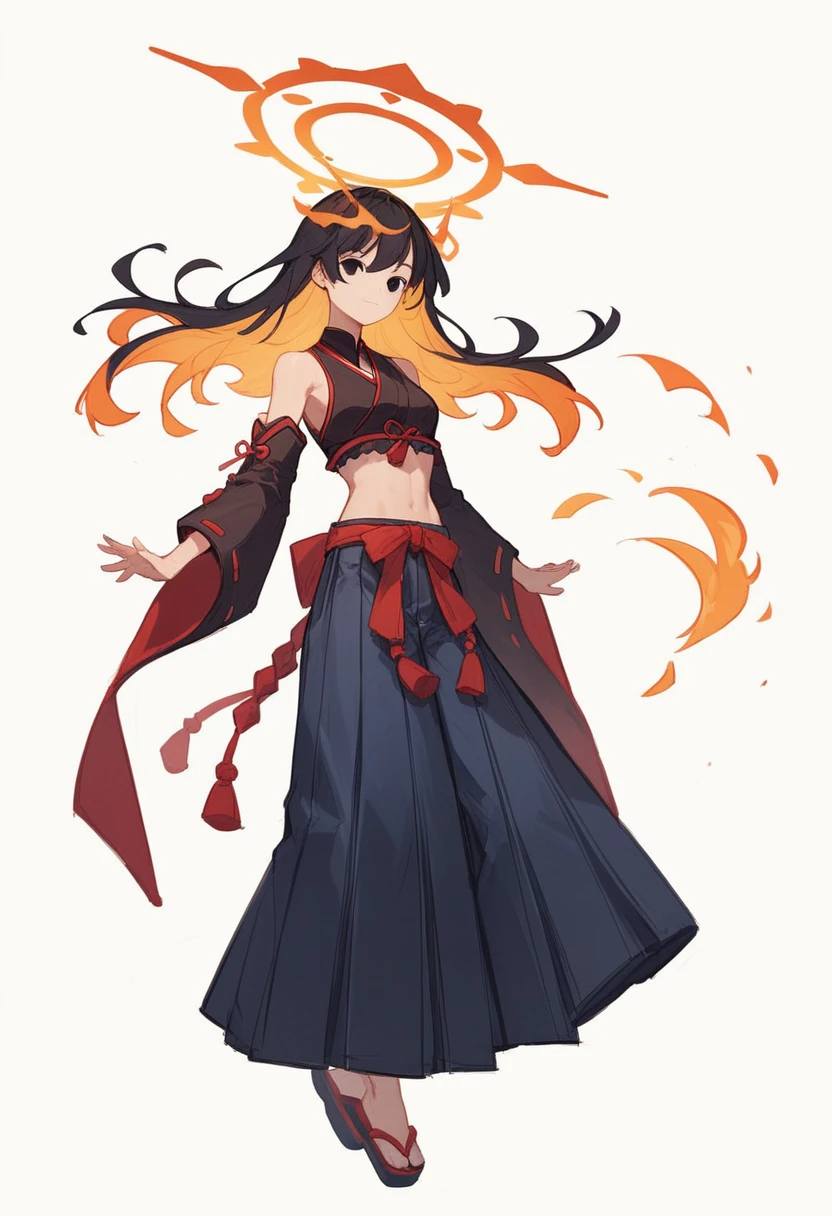 anime pose ,white background,full body, 1 girl sketch, medium ruffled layered hair, black eyes, bare midriff, Masterpiece, hiquality, Good detail, hakama outfit with stomach exposed, fire halo