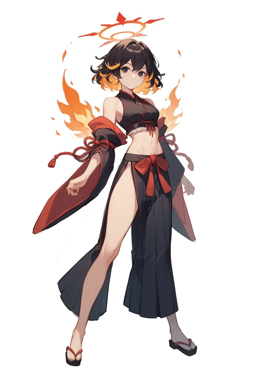 anime pose ,white background,full body, 1 girl sketch, medium ruffled layered hair, black eyes, bare midriff, Masterpiece, hiquality, Good detail, hakama outfit with stomach exposed, fire halo