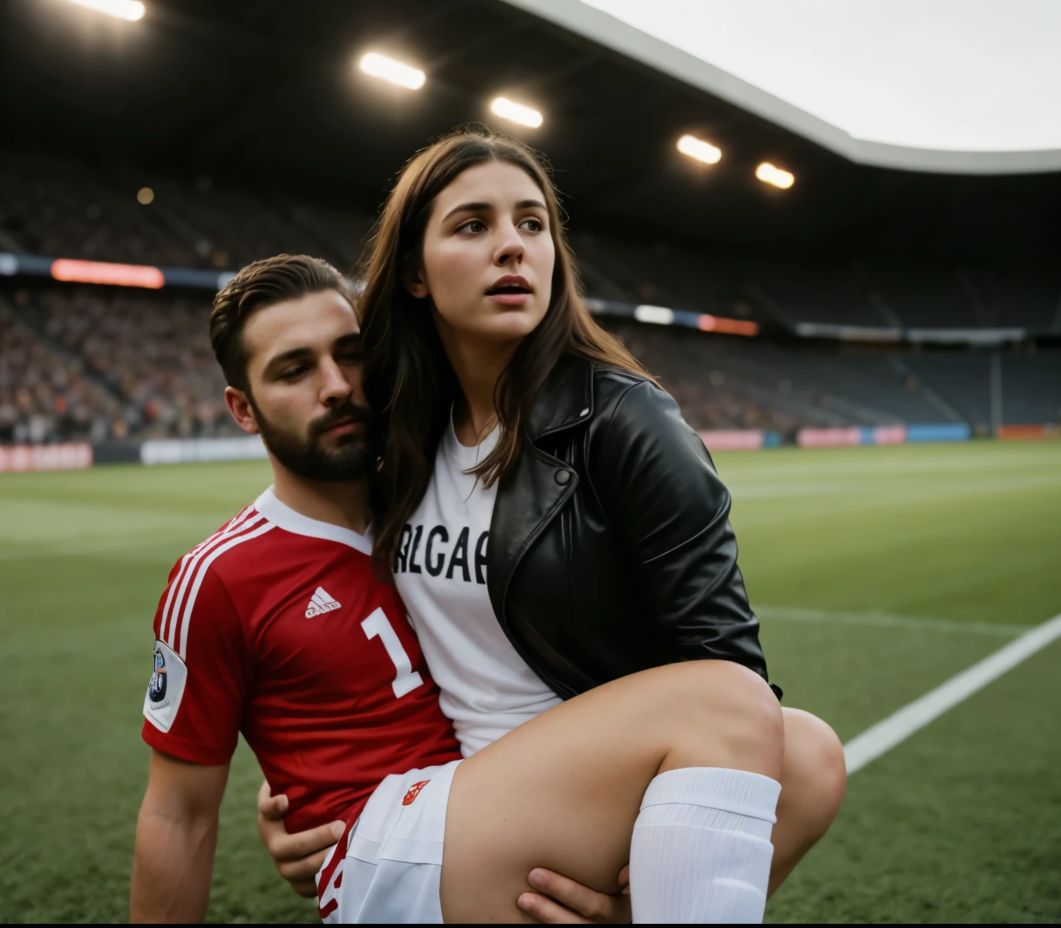 a passed out bearded man is being carried, a fainted bearded man is carried by a girl, a consciousless bearded man gets carried by a woman, , a woman and a bearded man, Andrea carries the wounded man's body in her hands, Andrea grabs his legs and his body with her hands, the bearded man in Andrea's arms is visibly in pain, stadium atmosphere, the bearded man is lying consciousless in Andrea's arms with one arm hanging down, A scene at a soccer stadium, a bearded man lying in a caring women's arms, lying helpless in her arms with his head dangling down, he has one arm dangling down while being carried in the women's arms, There is an attractive and heavily made-up woman in a long black leather coat, A pretty woman in a shiny black leather coat on a soccer field, A wonderful woman is holding a passed out man, A man in matt and roughened sportswear is held diagonal in her arms, a man in a woman's arms and lets one arm dangling down, we see the man held in front of the woman's body, the man is cradled in the woman's arm while being carried, the beautiful woman is exceptionally heavily made up and has an extremely desperate and very angry expression on her face, high-resolution photo, realistic sports photo, soccer scene, woman in black shiny long leather coat, injury scene, real photo, ultra realistic, high definition, sports photography