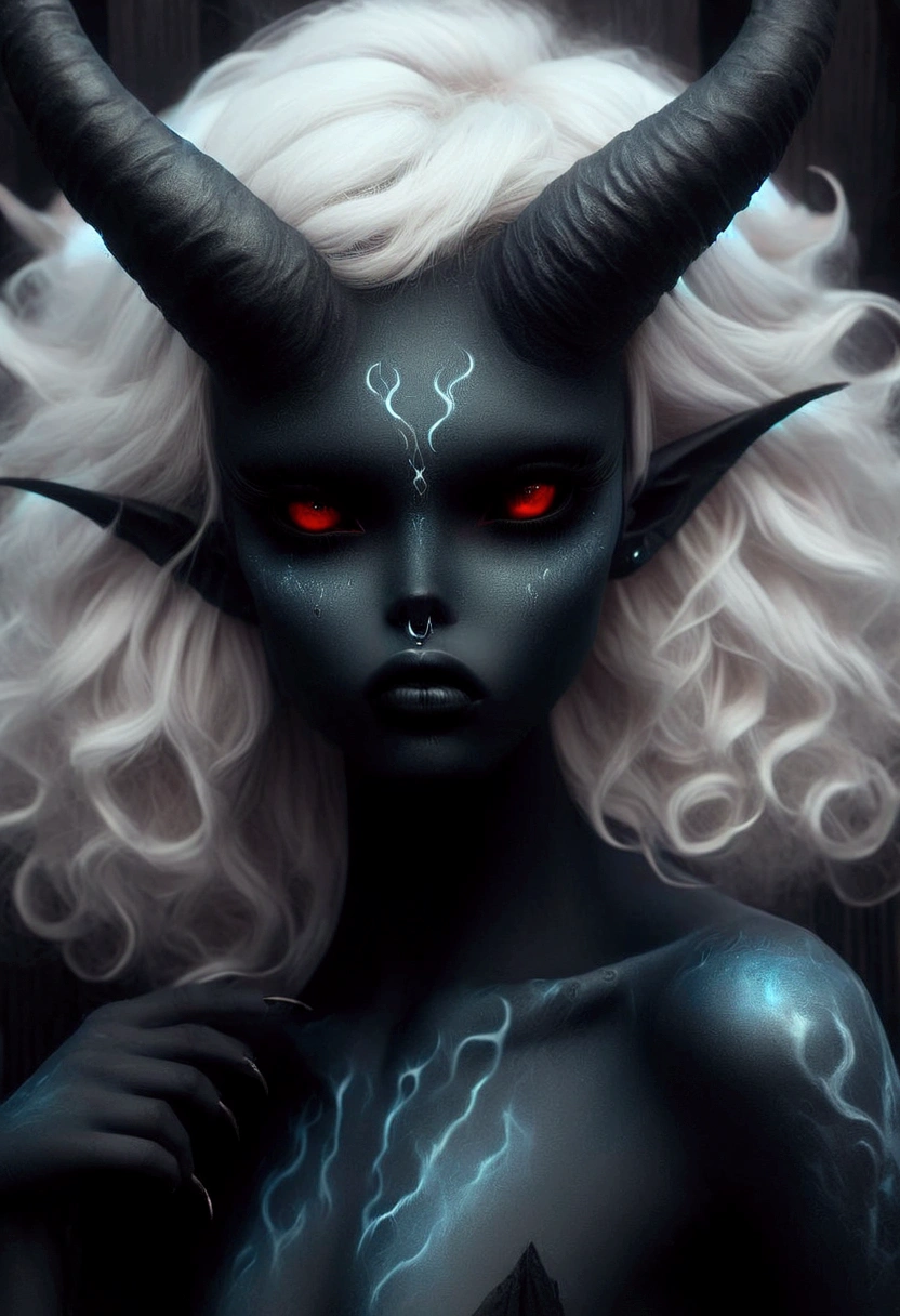 demon with high quality detail, demoness with beautiful model face, shimering lips, model face, black and grey color, half body pose, very high detail, 8K resolution, bright red lipstick, chubby, blue eyes, fat, dark grey background, no horn