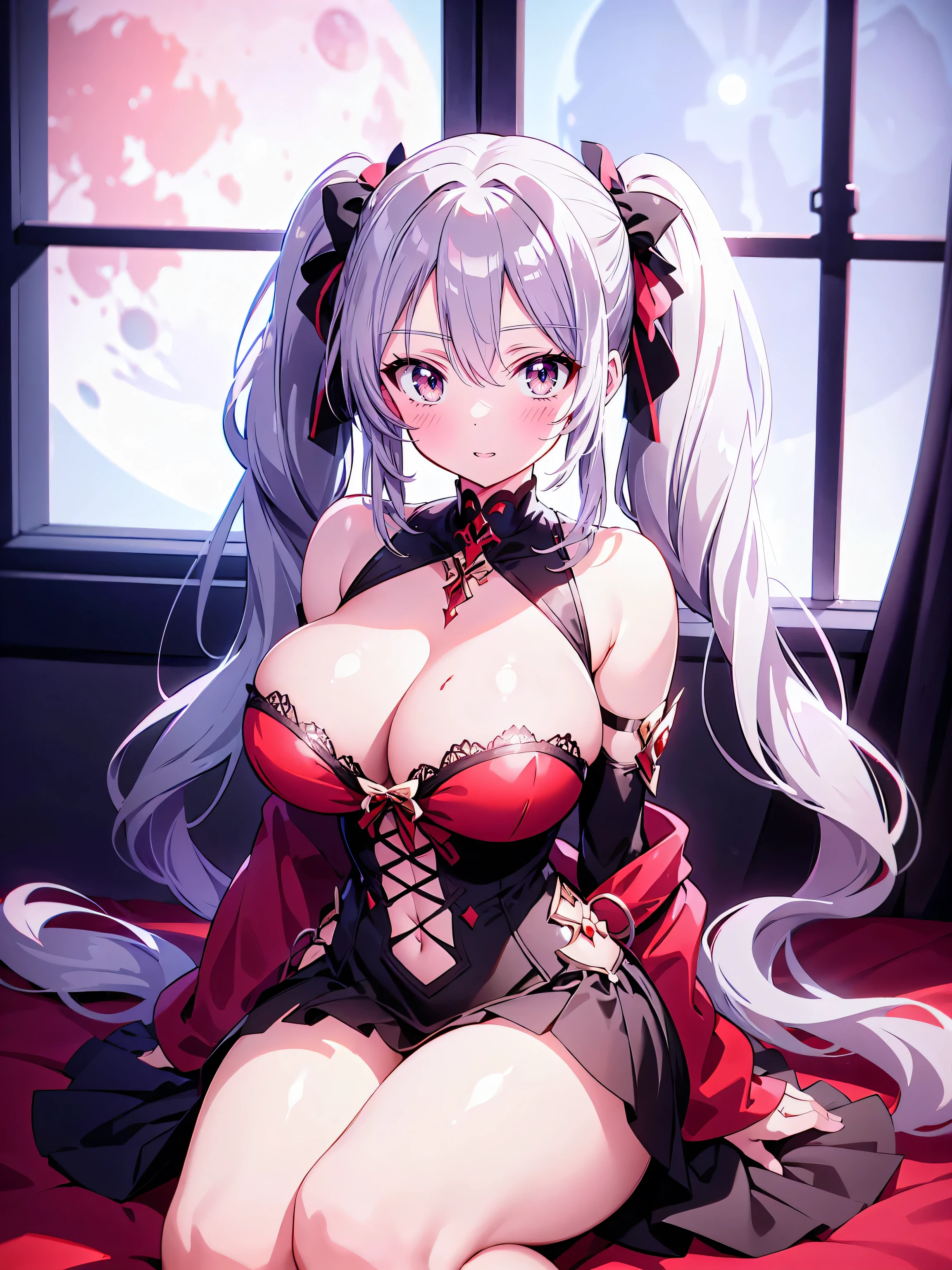 ((ultra detailed, exquisite quality, absolutely resolution)), (anime moe art style:1.3), (((young face solo Vampire girl))), ((Sexy super cute black and red dress), (vampire dress), lace lingerie, braids, silk gloves, glittering veils, beautiful headpieces, (huge breasts), breasts cleavage, (hair silver hair), (((long twintails:1.5))), fluffy Expressive twintails, kawaii face, ((seductive face)), backlighting, particle effect, caustics, super detailed skin, (hyper detail delicate eyes), (eyes red eyes), lying on the bed,  full body, blood moon, (moon light:1.2), isometric 3D, octane render, ray tracing, 