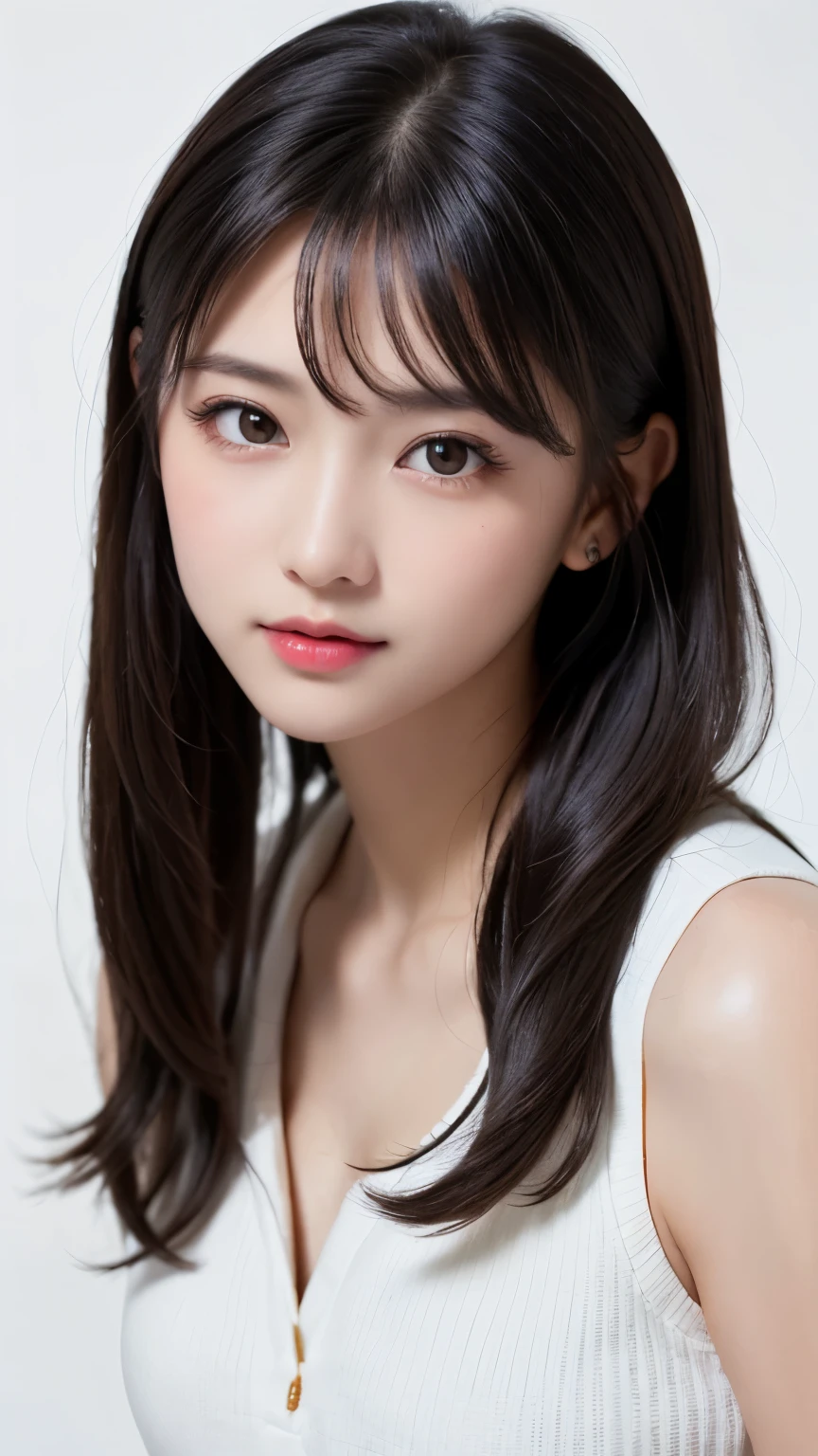 (((forehead、A calm face、Northern Europe、White、beautiful girl、Black Hair、White background、Golf Wear、cute、Young、True Face、Shiny Hair、whole body)))、table top, highest quality, figure, super detailed, finely, High resolution, 8k wallpaper, Perfect dynamic composition, detailed and beautiful eyes, Deco out,bionde, breasts, Natural color lip,white background, random cute poses,