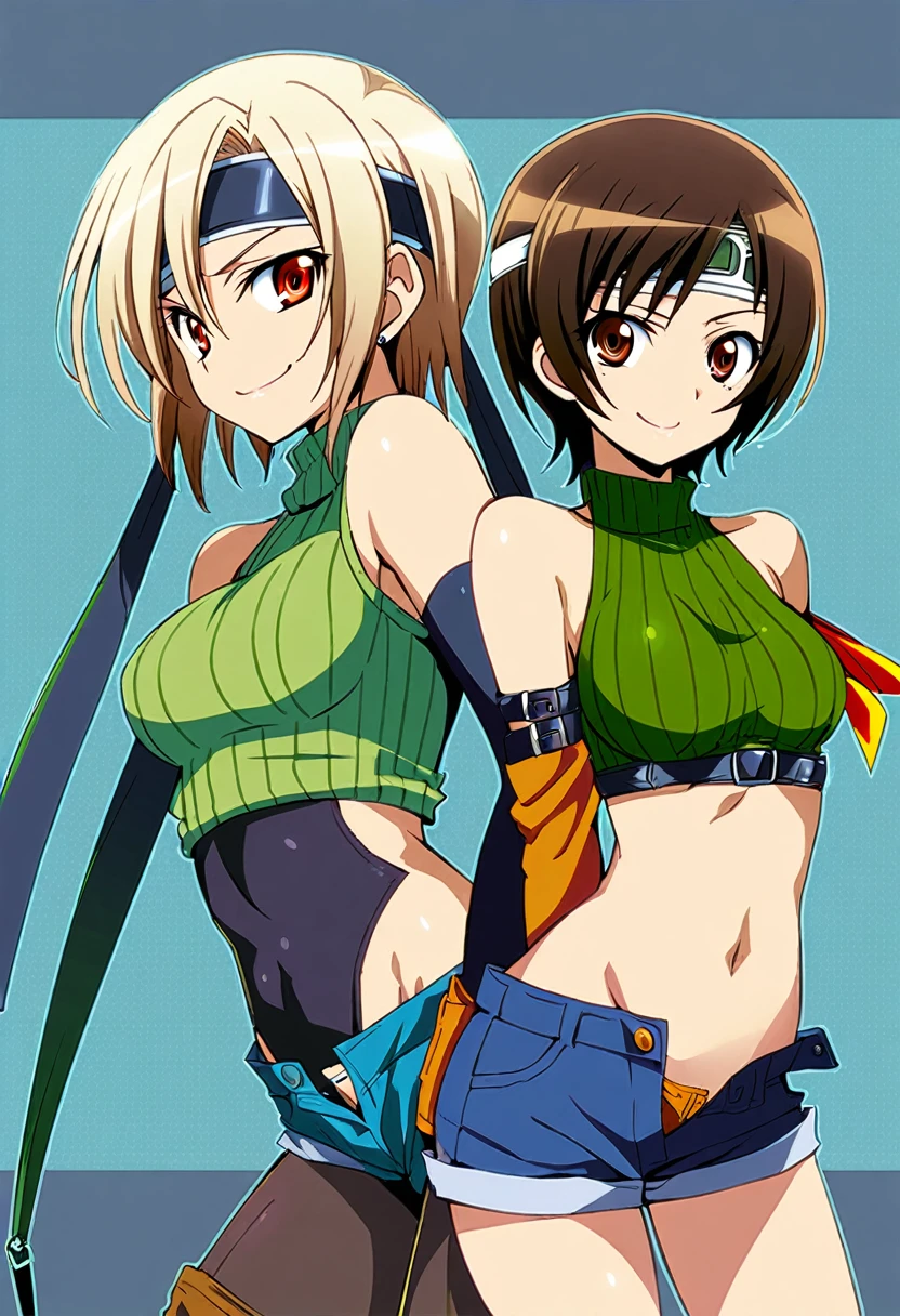 score_9, score_8_up, score_7_up,,BREAK source_anime, from front,front view,,arms behind back.upperbody,,looking_at_viewer,1girl, yuffie kisaragi, final fantasy, short hair,headband,navel,sleeveless,turtleneck,brown eyes,sleeveless turtleneck,solo,breasts,looking at viewer,smile,gloves,crop top,brown hair,shorts,midriff,,sweater,open fly,fingerless gloves,ribbed sweater,medium breasts,,smile,smug,best quality,aesthetic,very aesthetic,masterpiece,(high-resolution), ,(mid),(superior contrast.ultra sharp).