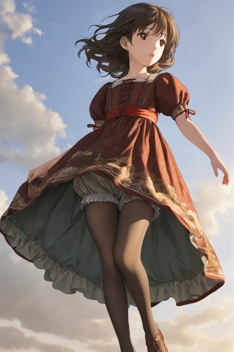 10 year old girl underwear, Ayako Kuroba、Realistic bloomers made from patterned cotton fabric, Medieval one-piece dress with panniers, Fabric Realism, Low - Angle, I see bloomers, Pull up the dress by hand, Strong winds, Translucent slip, Translucent slip, tights, Highest quality, whole body