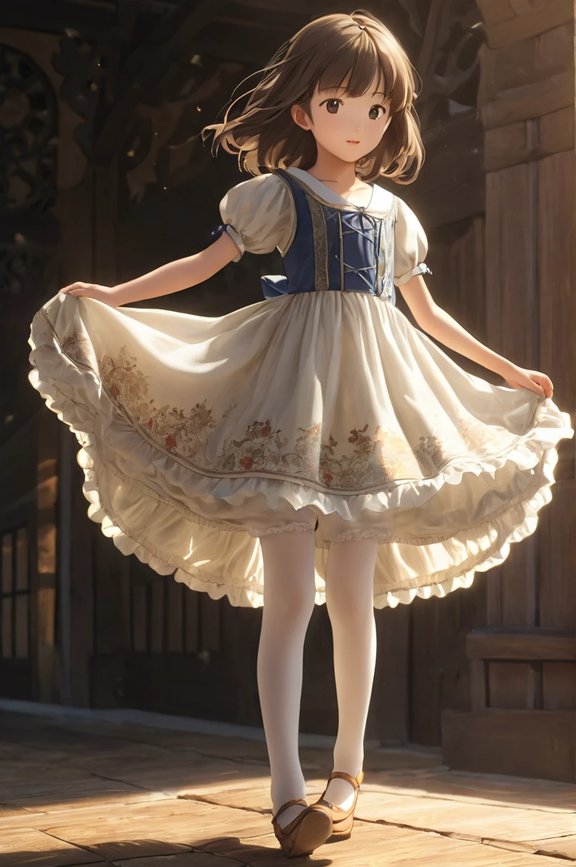 10 year old girl underwear, Ayako Kuroba、Realistic bloomers made from patterned cotton fabric, Medieval one-piece dress with panniers, Fabric Realism, Low - Angle, I see bloomers, Pull up the dress by hand, Strong winds, Translucent slip, Translucent slip, tights, Highest quality, whole body