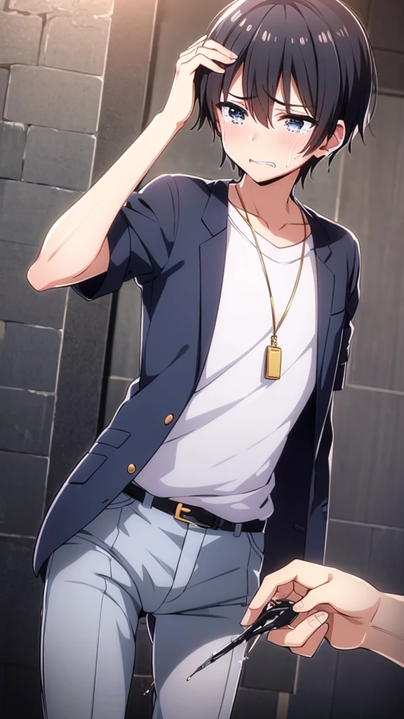 Japanese student style,,cool,,,A refreshing, athletic man,Still a virgin,,,boy,,,boys,,,Spiked Hair,charm,Slim figure,23 years old,,Tall,Everyday casual clothes,,,The male protagonist is,,With a confused look,,,,,Yeah.?why!?,,whyだ!?,,(街中でオレはComplete castrationされた:1.3),(Complete castration:1.3),(I am a man who has failed miserably in becoming an adult man.),,Super manly is slowly declining,,Castrated male,,,Male end,,Sexual sensations rise,,Daytime,Smooth,Skin texture,Functional beauty,shine,,,Breeze,A speck of dust,Natural light,face,hand,eye,blush,tears,,,Saliva,,,Accuracy,,Ultra correct,Biological,Excellent detailed anatomy,4K,8k,Highest quality,Male Focus,,Depth of written boundary,Character Portrait,Black Hair,Punctuality,God is changing his body,He is the only one who is absurd.,From groom to gay pet,,