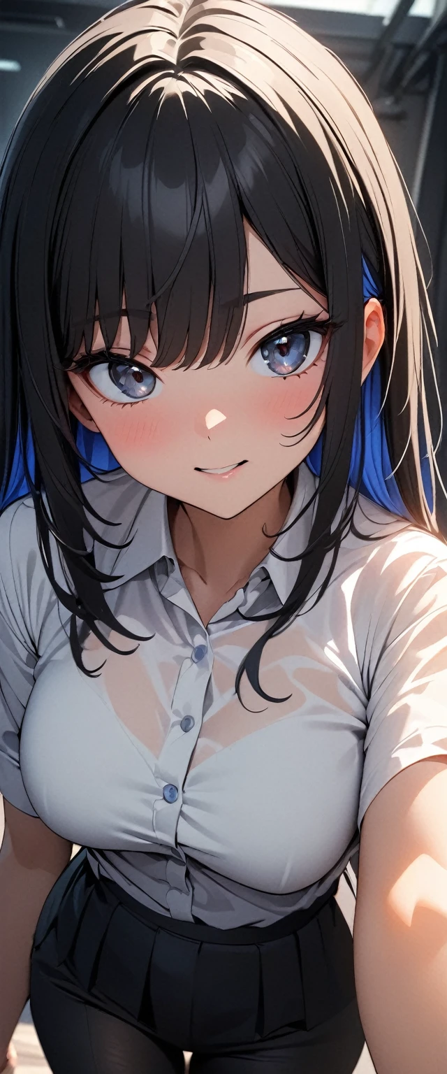 (high quality, 8k, 4K, High Contrast, masterpiece:1.2, 最high quality, Best aesthetics), 1 Female, (Real skin texture:1.3), (Film Grain:1.3), (Selfie angle, High angle), One girl, Beautiful and detailed eyes and face, 最high quality, close, cowboy shot blackhair , Blue inner hair Whiteshirt darkBlue skirt (transparent black bra)(show black pants)