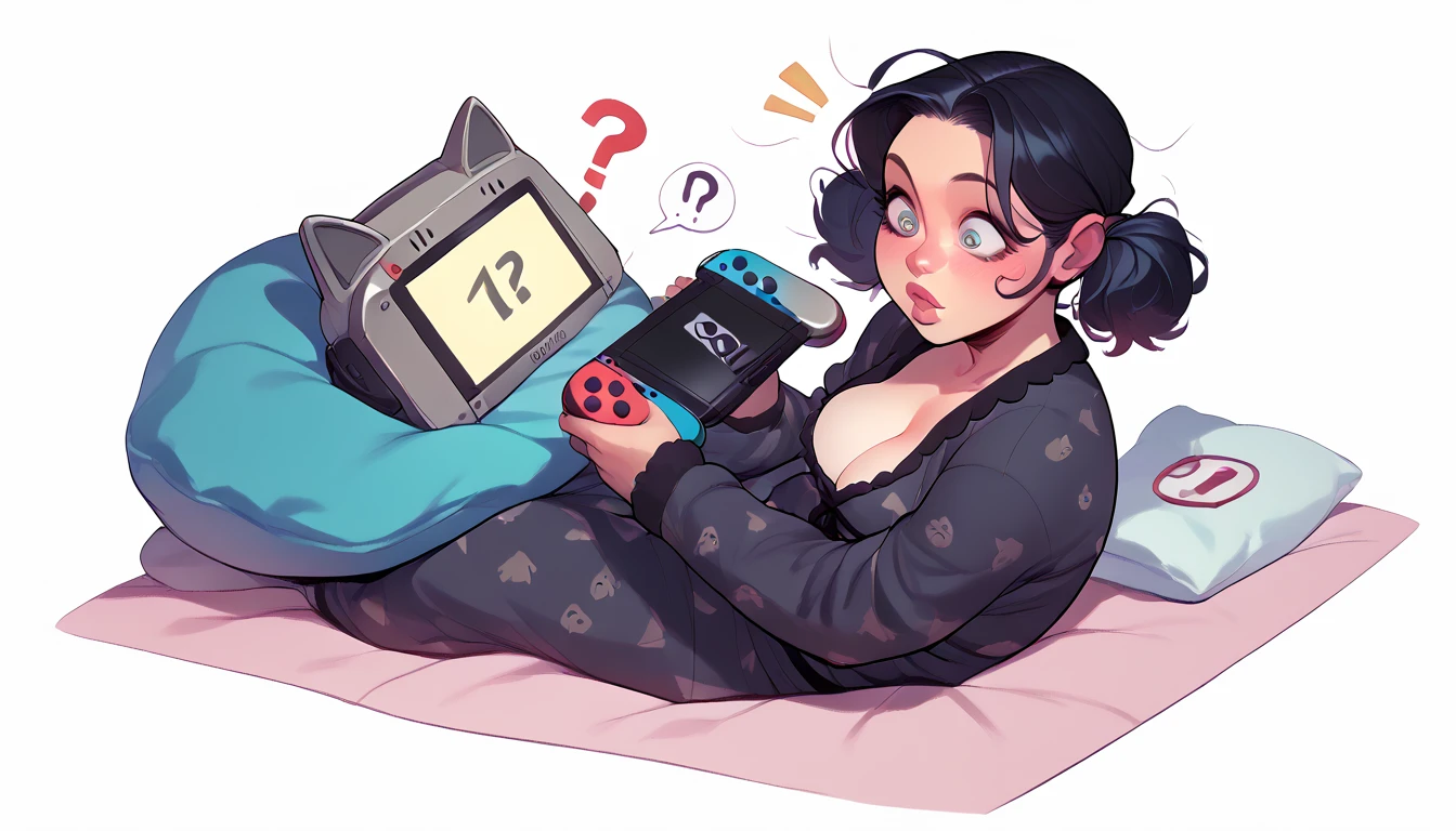 punctuation_9, punctuation_8_High above, punctuation_7_High above, punctuation_6_High above, punctuation_5_High above, punctuation_4_High above, BREAK 1girl, Nerd,Bblack hair, a cartoon image of a woman with a big breast, sitting on the cushion (blue in color), white scenario, with Nintendo switch in hand, fluffy chest, in pajamas(dressed as a black cat), anime cel shaded, Covered breasts and SFW, wearing pajamas(sitting on the cushion (blue in color), with a Nintendo Switch in hand), Kantai Collection Style, anime moe art style, , twintails brancos_mitts, seductive anime girl((dressed as a black cat)), brincando with a Nintendo Switch in hand(spiral eye)White background.