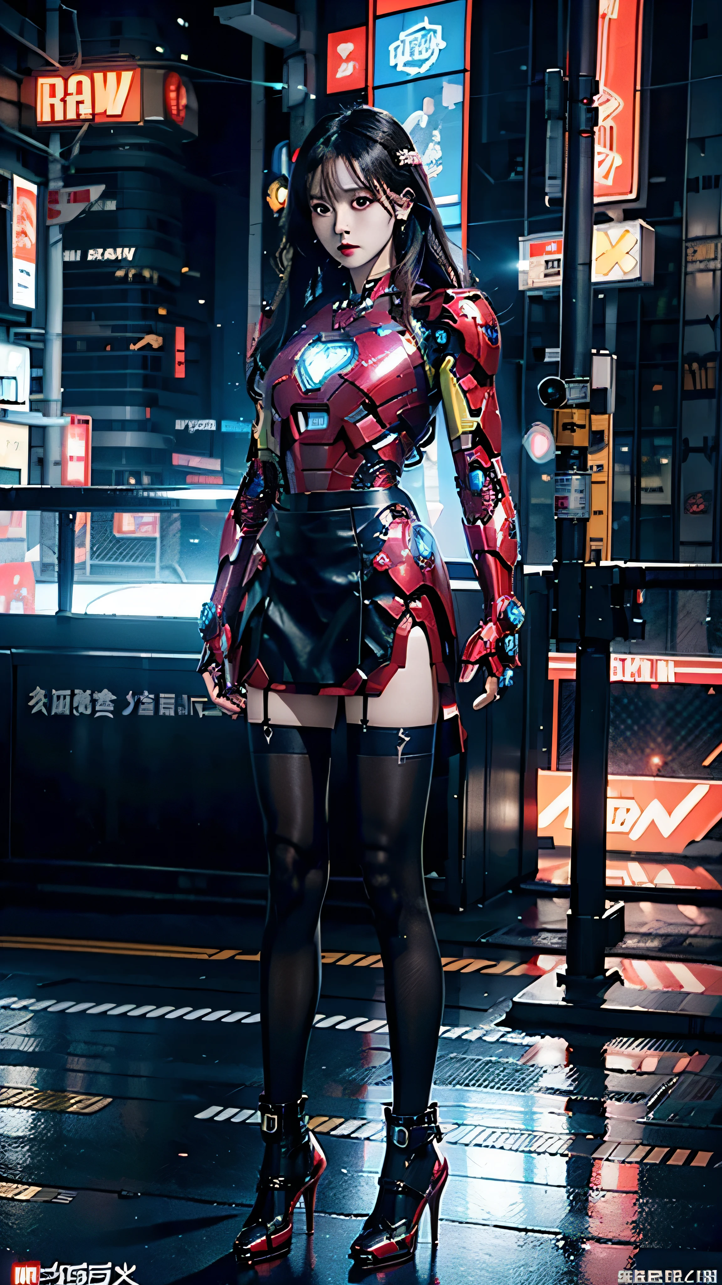 Beautiful Iron Man,Full body portrait,Wear a short skirt,Black pantyhose,Wearing high heels,Cyberpunk,Night,Hyperrealism,Neon Street,Ray Tracing,masterpiece,Light and Shadow,Fine drawing