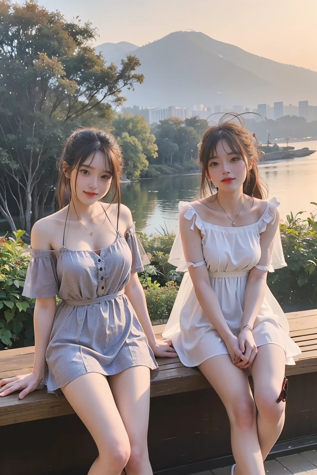 two girls, pretty girl、, smile, Summer Mini Dresses, thighs, underwear、8k, masterpiece, high detail, high quality, High resolution, 最high quality, 16k,