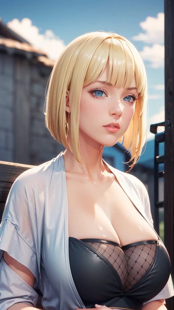 (（（Perfect body,White and tender skin,（（（BLACK KIMONO, CLEAVAGE, VAMBRACES,）））,（（（Samui, Blue eyes, blonde hair, short hair, bangs, blunt bangs,）））,((masterpiece)),high resolution, ((Best quality at best)),masterpiece,quality,Best quality,（（（ Exquisite facial features,Looking at the audience,There is light in the eyes,blush,Happy,lol）））,Look up at the sky，Raise a hand，From below）））,（（（Light and shadow,Huge breasts）））,（（（Looking at the camera,black background,)））),