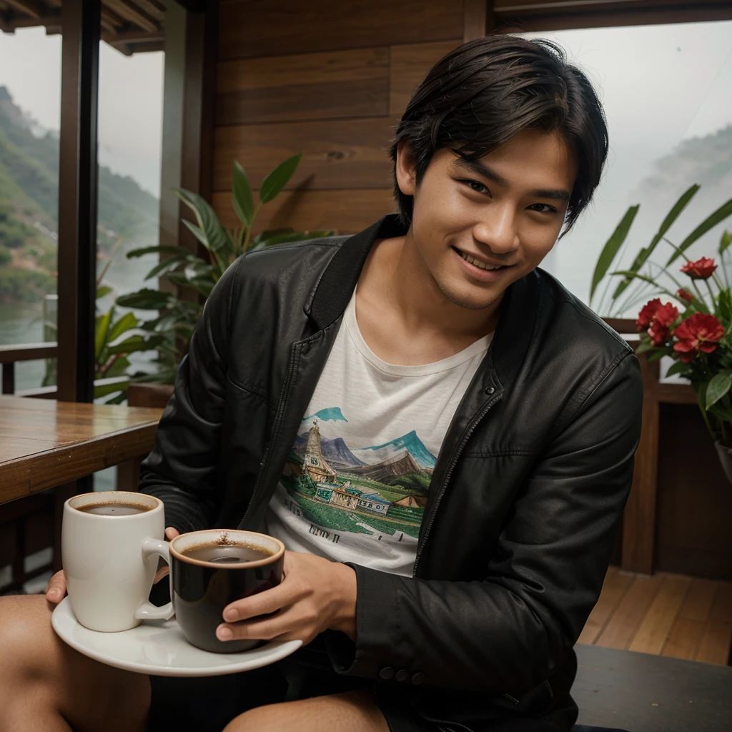 Professional photography of a handsome young asian. Wearing a black jacket, white, green and red t-sirt, with a picture of a balinese mask. Chatting a little smiling, sitting in an open cafe at the top of the mountain, on the table there was 1 cup of black coffe. With a view of the misty lake, the photo was taken with a vivo cellphone camera