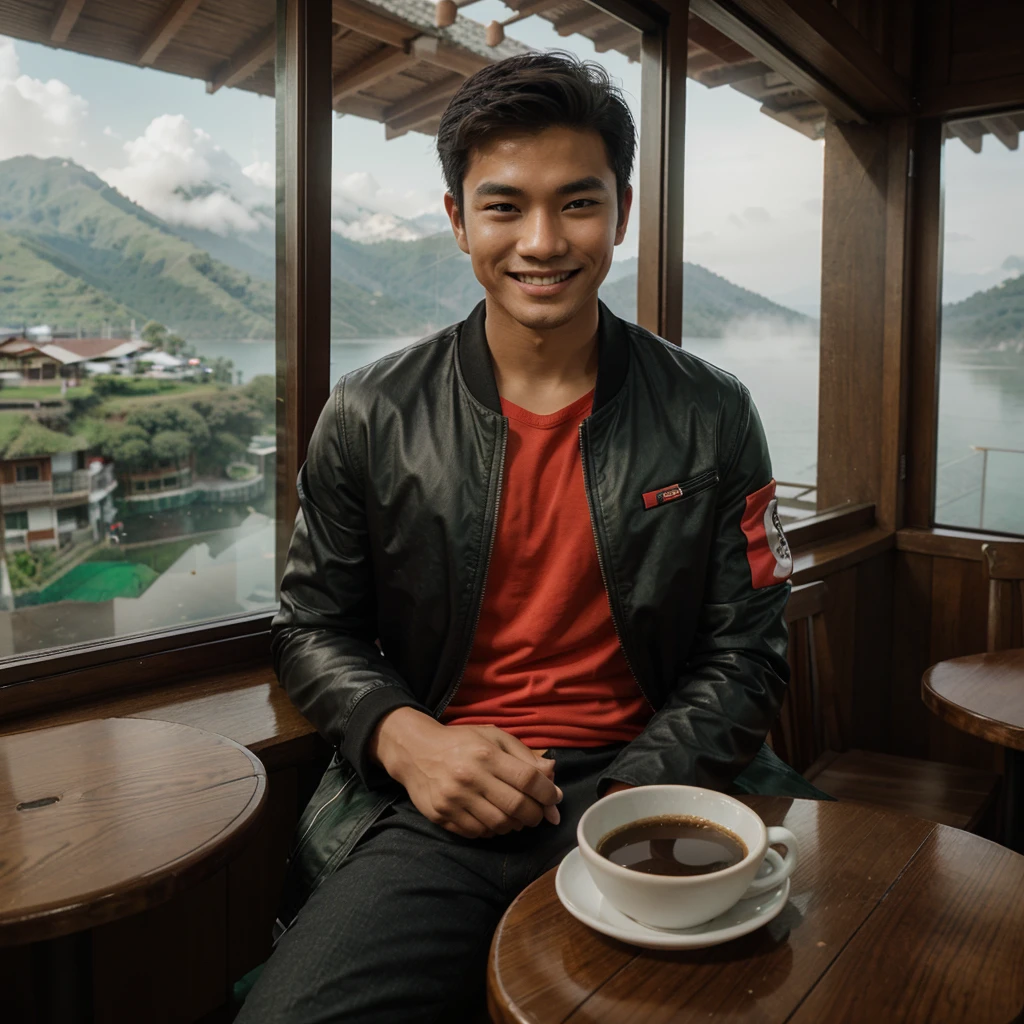 Professional photography of a handsome young asian. Wearing a black jacket, white, green and red t-sirt, with a picture of a balinese mask. Chatting a little smiling, sitting in an open cafe at the top of the mountain, on the table there was 1 cup of black coffe. With a view of the misty lake, the photo was taken with a vivo cellphone camera
