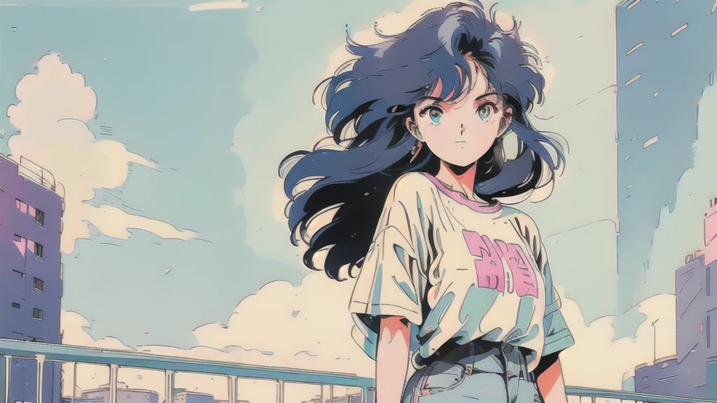 ((1980s_style)), One personの女の子, Upper Body, good, Denim shorts, Are standing, (Outdoor, Cityscape, building, street, blue sky, cloud), (Cowboy Shot),(masterpiece, high quality, 最high quality), (colorful),(Delicate eyes and face), Volumetric Light, Ray Tracing, Highly detailed CG Unity 8K wallpapers, One person,T-Shirts,headphone