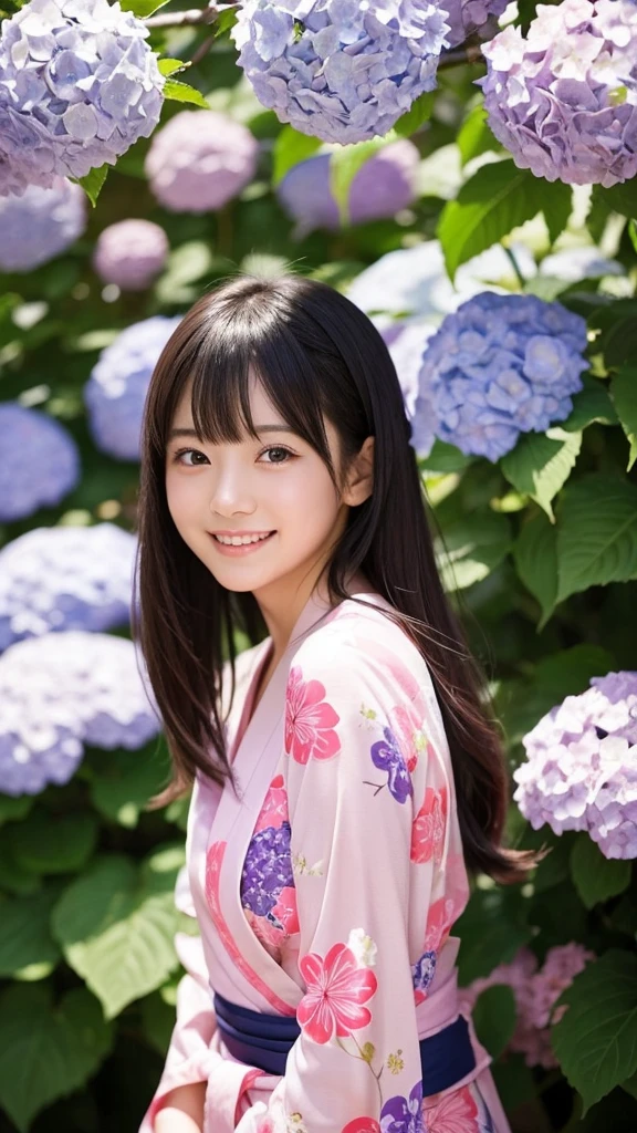 The image shows a beautiful Japanese girl wearing a thin yukata.。She was wearing a soft pink yukata.、The yukata is decorated with cherry blossom patterns.。The belt is bright blue、It creates a beautiful contrast with the pink of the yukata.。

Her hair is black、It is simply put together、Bangs naturally fall on the forehead。Her face is bright、A natural smile is very attractive。Eyes are large、long lashes、The eyes are clear black。This smile and sparkle in your eyes、It enhances her innocent and pure beauty.。

She is standing near a hydrangea flower、Reaching out to touch the leaves。Lush trees in the background々is spreading、It seems that the photo was taken in nature.。The purple of the hydrangea and the pink of the yukata are in harmony.、Overall, it creates a beautiful balance of colors.。

her pose is relaxed、I feel like I am being natural.。The fabric of the yukata is thin.、It&#39;s so soft you can almost feel it swaying in the wind.。このcustomが彼女の清楚で優雅な印象をさらに強調しています。

as a whole、This image beautifully captures the natural beauty and traditional Japanese aesthetic.、It is a piece that gives comfort and inspiration to the viewer.。Her smile、custom、The natural background blends in、It creates a very attractive and visually immersive look.。