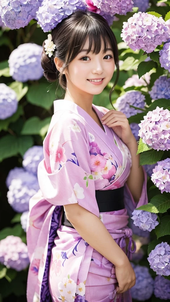 The image shows a beautiful Japanese girl wearing a thin yukata.。She was wearing a soft pink yukata.、The yukata is decorated with cherry blossom patterns.。The belt is bright blue、It creates a beautiful contrast with the pink of the yukata.。

Her hair is black、It is simply put together、Bangs naturally fall on the forehead。Her face is bright、A natural smile is very attractive。Eyes are large、long lashes、The eyes are clear black。This smile and sparkle in your eyes、It enhances her innocent and pure beauty.。

She is standing near a hydrangea flower、Reaching out to touch the leaves。Lush trees in the background々is spreading、It seems that the photo was taken in nature.。The purple of the hydrangea and the pink of the yukata are in harmony.、Overall, it creates a beautiful balance of colors.。

her pose is relaxed、I feel like I am being natural.。The fabric of the yukata is thin.、It&#39;s so soft you can almost feel it swaying in the wind.。このcustomが彼女の清楚で優雅な印象をさらに強調しています。

as a whole、This image beautifully captures the natural beauty and traditional Japanese aesthetic.、It is a piece that gives comfort and inspiration to the viewer.。Her smile、custom、The natural background blends in、It creates a very attractive and visually immersive look.。
