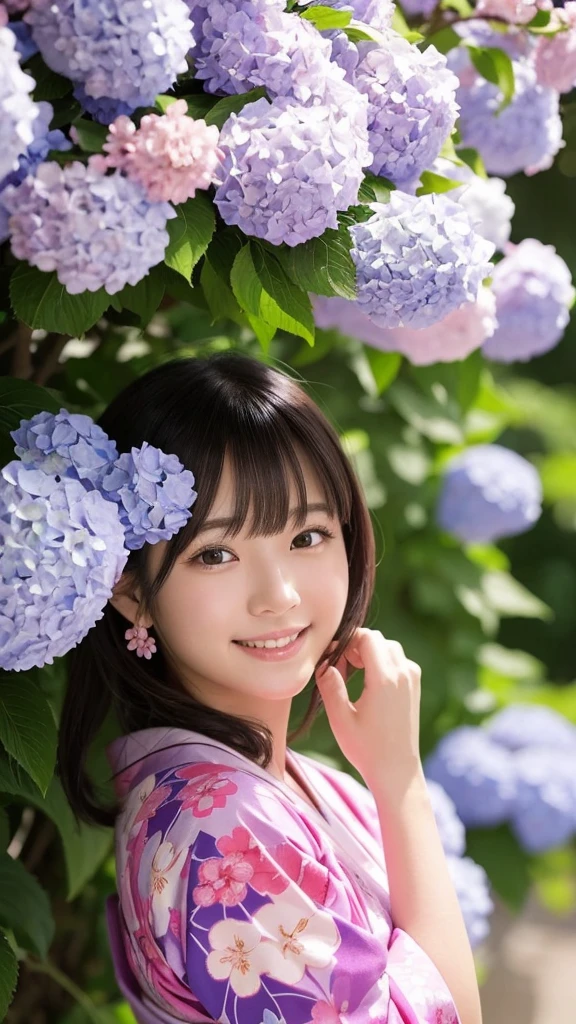 The image shows a beautiful Japanese girl wearing a thin yukata.。She was wearing a soft pink yukata.、The yukata is decorated with cherry blossom patterns.。The belt is bright blue、It creates a beautiful contrast with the pink of the yukata.。

Her hair is black、It is simply put together、Bangs naturally fall on the forehead。Her face is bright、A natural smile is very attractive。Eyes are large、long lashes、The eyes are clear black。This smile and sparkle in your eyes、It enhances her innocent and pure beauty.。

She is standing near a hydrangea flower、Reaching out to touch the leaves。Lush trees in the background々is spreading、It seems that the photo was taken in nature.。The purple of the hydrangea and the pink of the yukata are in harmony.、Overall, it creates a beautiful balance of colors.。

her pose is relaxed、I feel like I am being natural.。The fabric of the yukata is thin.、It&#39;s so soft you can almost feel it swaying in the wind.。このcustomが彼女の清楚で優雅な印象をさらに強調しています。

as a whole、This image beautifully captures the natural beauty and traditional Japanese aesthetic.、It is a piece that gives comfort and inspiration to the viewer.。Her smile、custom、The natural background blends in、It creates a very attractive and visually immersive look.。