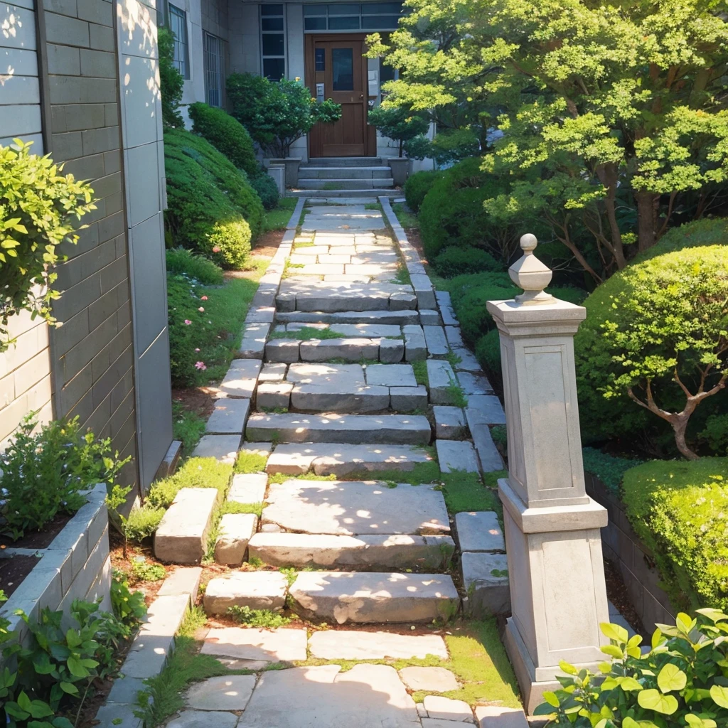 Anime School, centered, stone path, noon