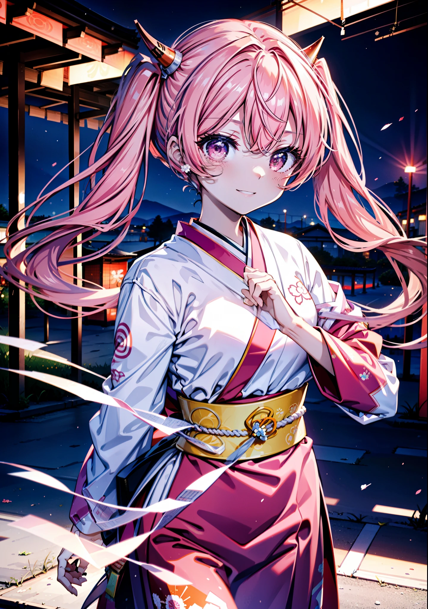 Aria h kanzaki,horn,Pink Hair,Long Hair,low 　Twin tails,小さいhorn,Red eyes,happy smile, smile, Open your mouth,pink kimono,日本のfestival,夏festivalの屋台,Red Lantern,night,night空のfirework,firework,場所はfirework大会,時間はnightです,sunny day,　　　　　　　　　　　　　　　  　　　　　break looking at viewer, Upper Body, (Cowboy Shot:1. 5),  　　　　　
break outdoors, festival,shrine,
break (masterpiece:1.2), Highest quality, High resolution, unity 8k wallpaper, (shape:0.8), (Beautiful attention to detail:1.6), Highly detailed face, Perfect lighting, Highly detailed CG, (Perfect hands, Perfect Anatomy),