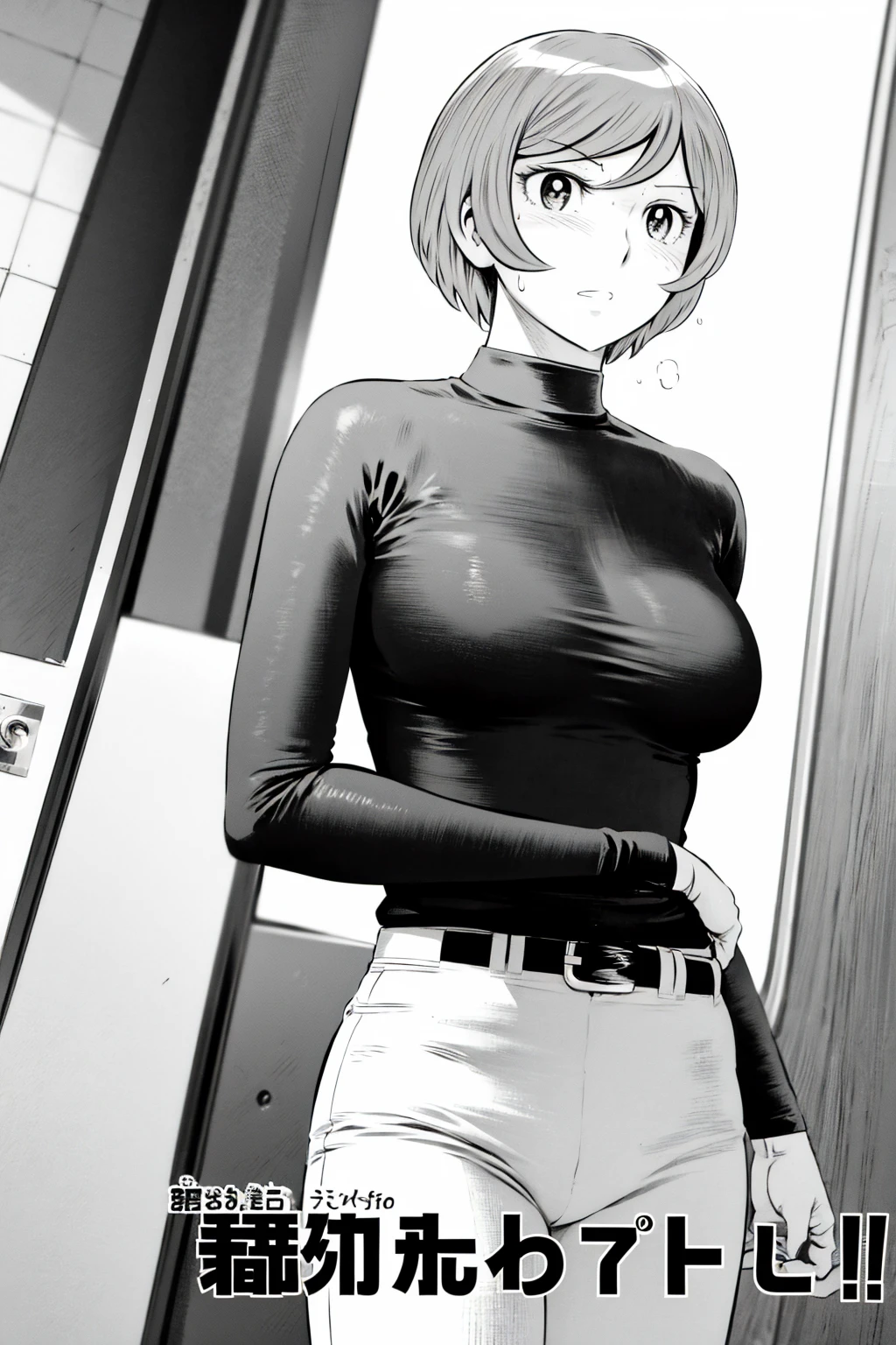 、(masterpiece、Highest quality)、Highest quality, Ultra-high resolution, (((masterpiece))), alone, Sweat、Big eyes,Tight black shirt、Tight white pants、belt、indoor、Composition from the front、(Cut the back hair short、short hair、blonde、woman)、Shortcuts、Embarrassed face、Cut your hair short、可愛いwomanの子、Big Breasts、office
