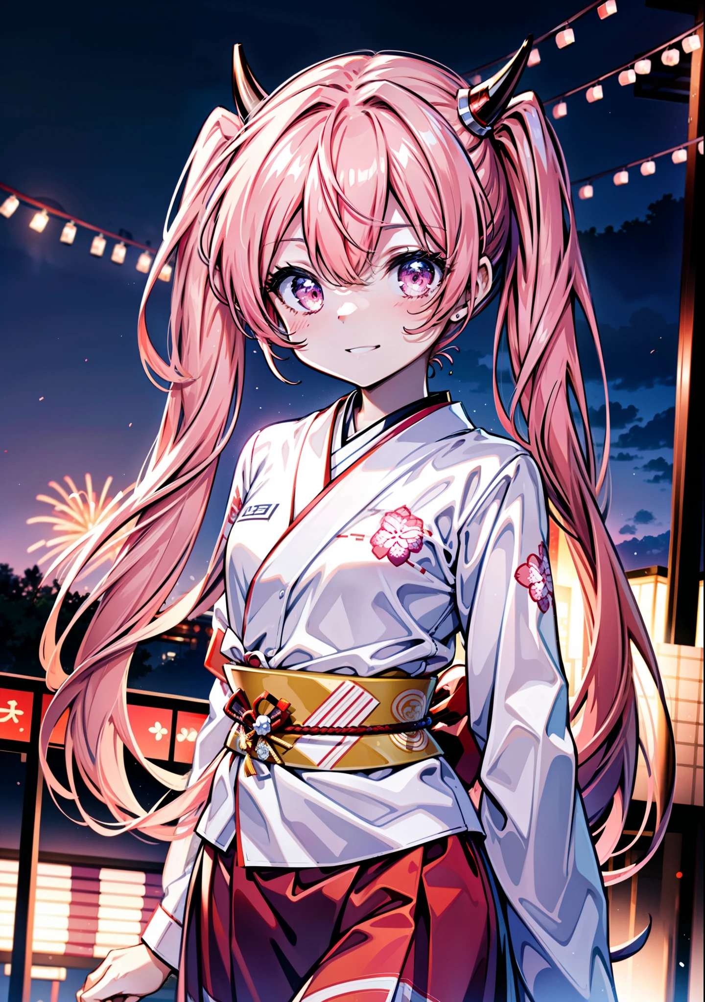 Aria h kanzaki,horn,Pink Hair,Long Hair,low 　Twin tails,小さいhorn,Red eyes,happy smile, smile, Open your mouth,pink kimono,Thick sleeves,Long skirt,日本のfestival,夏festivalの屋台,Red Lantern,night,night空のfirework,firework,場所はfirework大会,時間はnightです,sunny day,turn around,as if,walk,　　　　　　　　　　　　　　　  　　　　　break looking at viewer, Upper Body, (Cowboy Shot:1. 5),  　　　　　
break outdoors, festival,shrine,
break (masterpiece:1.2), Highest quality, High resolution, unity 8k wallpaper, (shape:0.8), (Beautiful attention to detail:1.6), Highly detailed face, Perfect lighting, Highly detailed CG, (Perfect hands, Perfect Anatomy),