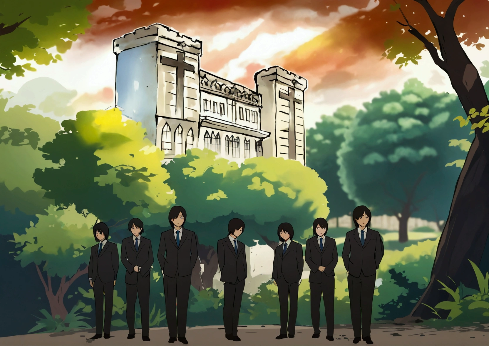 korean pastors  in suits standing in front of a building, castle scene , background artwork, palace background, church background, style of madhouse anime, in the anime film, japanese high school, style of leonardo da vinci painting, in japanese painting style, standing near a castle, castle background, in style of creation of adam