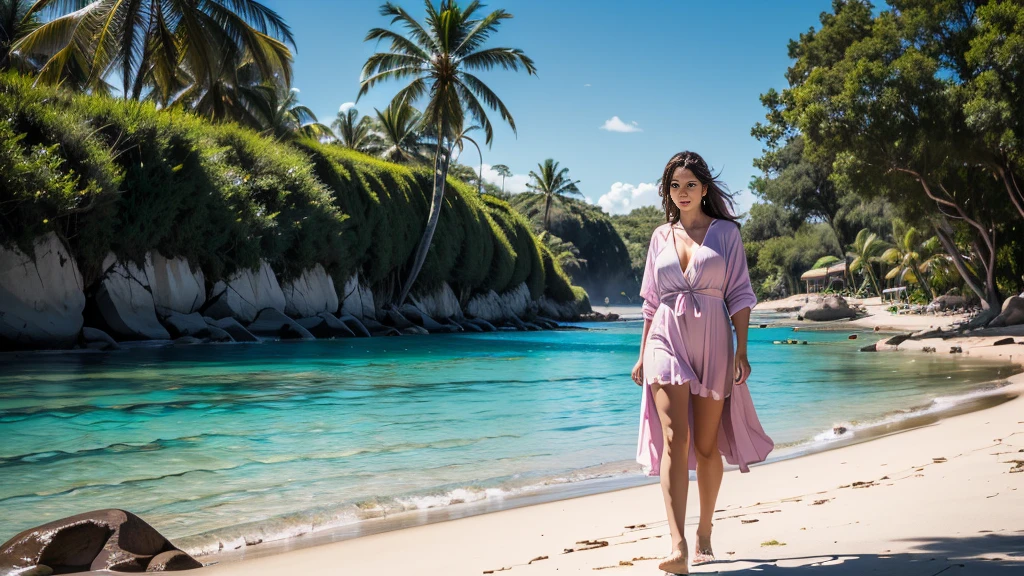 movie「The Island of Dr. Moreau」、Doctor Moreau and the beautiful beast Maria standing on the beach、The background is Dr. Moreau's mansion and mangrove forest.