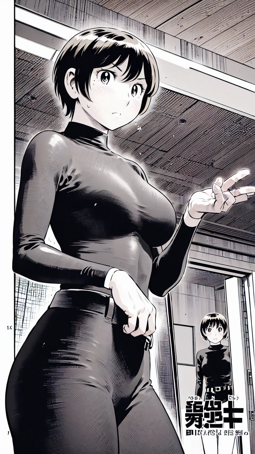 、(masterpiece、Highest quality)、Highest quality, Ultra-high resolution, (((masterpiece))), alone, Sweat、Big eyes,Tight black shirt、Tight white pants、belt、indoor、Composition from the front、(Cut the back hair short、short hair、blonde、woman)、Shortcuts、Embarrassed face、Cut your hair short、可愛いwomanの子、Big Breasts、Inside the room、Full Color、Baseball uniform