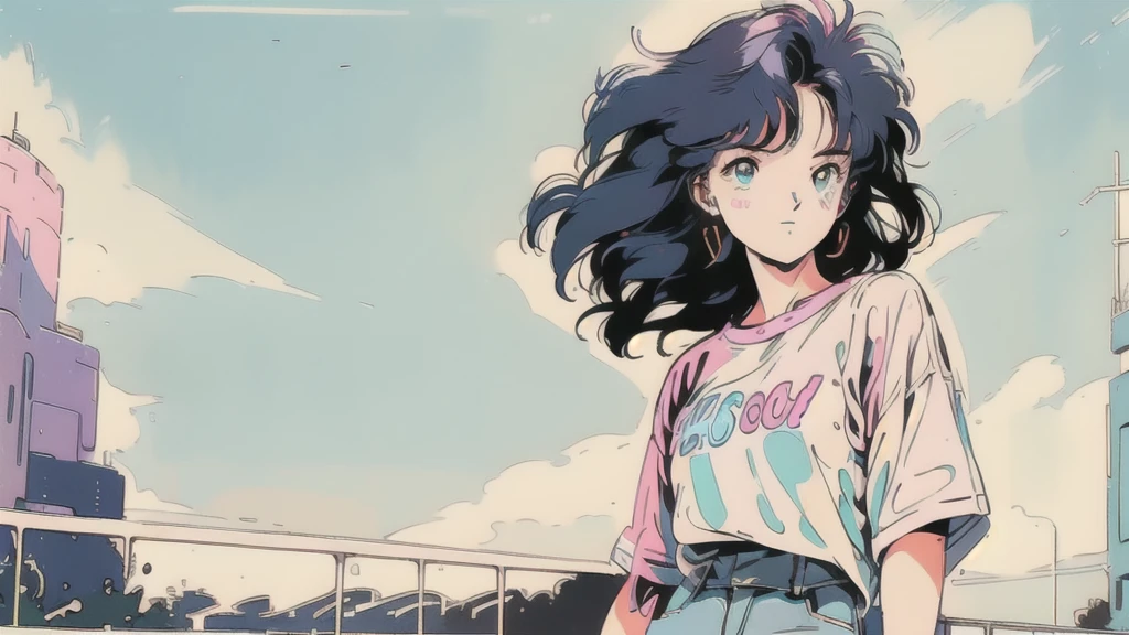 ((1980s_style)), One personの女の子, Upper Body, good, Denim shorts, Are standing, (Outdoor, Cityscape, building, street, blue sky, cloud), (Cowboy Shot),(masterpiece, high quality, 最high quality), (colorful),(Delicate eyes and face), Volumetric Light, Ray Tracing, Highly detailed CG Unity 8K wallpapers, One person,T-Shirts,headphone,Walk Man