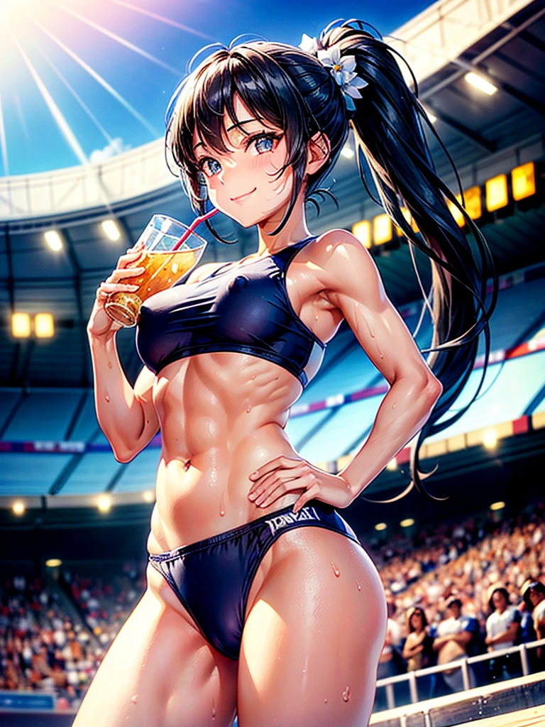 Highest quality,Highest Resolution,Smiling with a drink in hand(((2Beautiful girl of the person))),Gymnastics,High leg bloomers,Outdoor stadium,Black hair ponytail,sweat profusely,illumination,Very beautiful eyes,Transparent nipples,whole body,Flowing sweat,Belly button,Abdominal muscles,sunny,Sunshine,mirage,